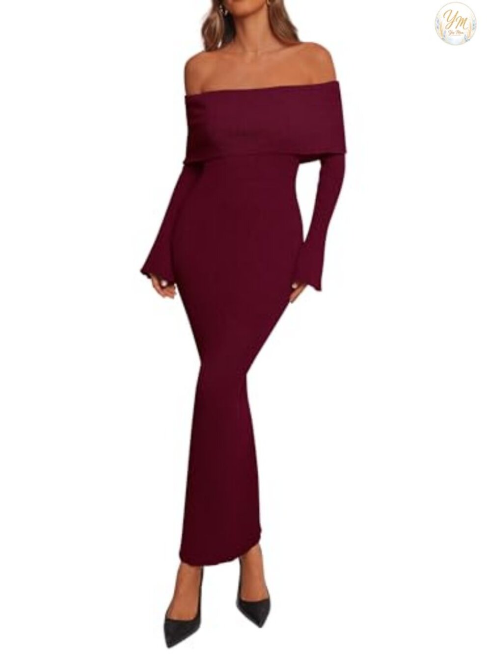 Off Shoulder Bodycon Maxi Sweater Dress Long Bell Sleeve Ribbed Knit